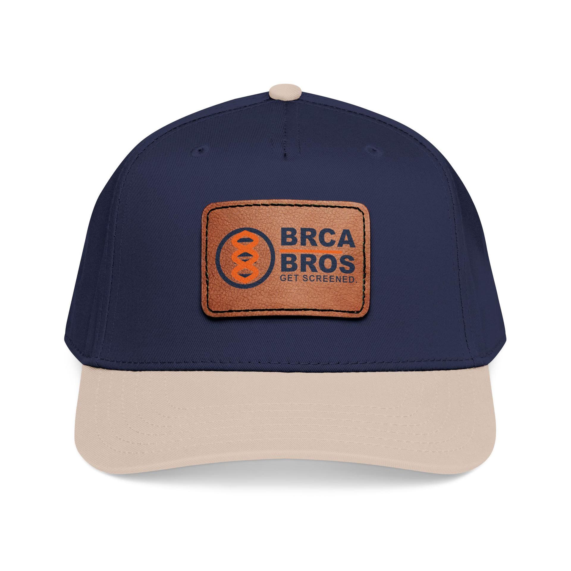 Navy BRCA Bros patch cap with a light brown leather patch reading BRCA BROS, get screened