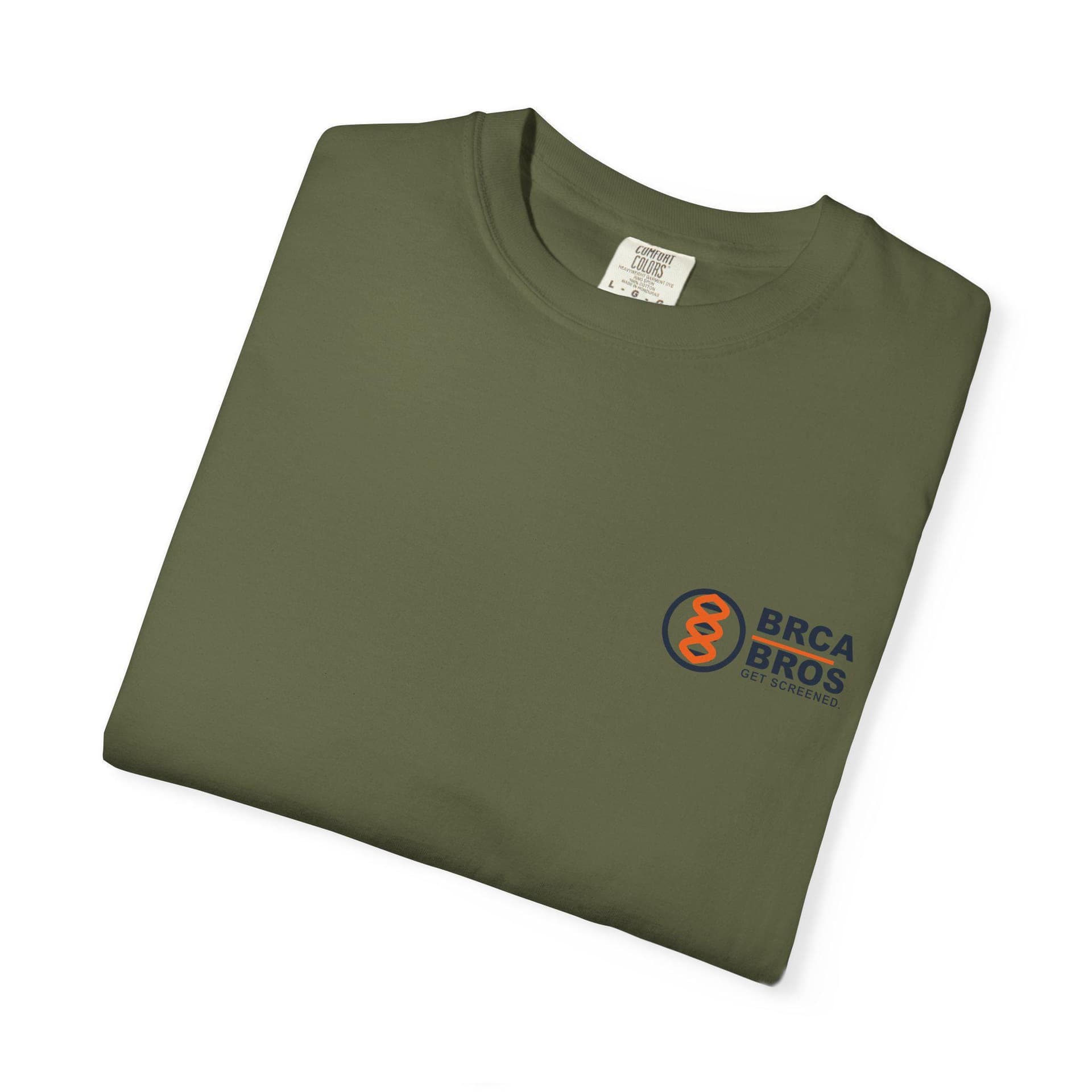 Folded olive green BRCA Bros t-shirt with a small chest logo reading BRCA BROS, get screened